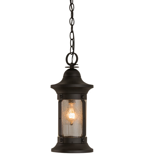 Meyda Lighting Camp Uncas 8" Black Wrought Iron Lantern Pendant Light With Clear Seeded Shade Glass