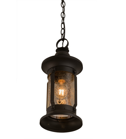 Meyda Lighting Camp Uncas 8" Black Wrought Iron Lantern Pendant Light With Clear Seeded Shade Glass
