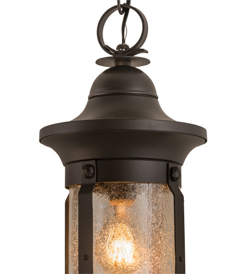 Meyda Lighting Camp Uncas 8" Black Wrought Iron Lantern Pendant Light With Clear Seeded Shade Glass