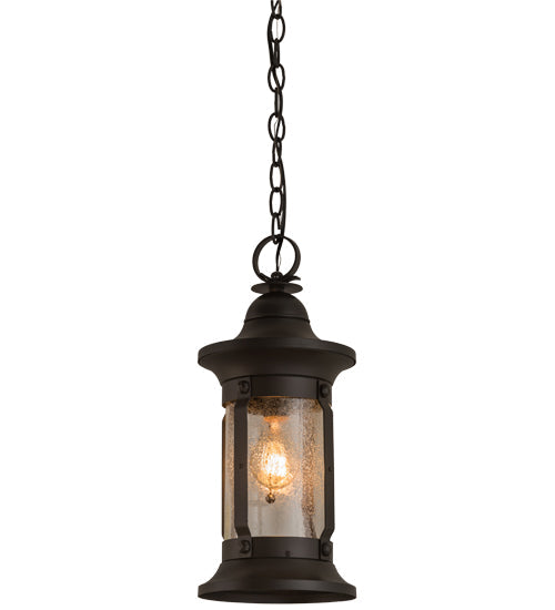 Meyda Lighting Camp Uncas 8" Black Wrought Iron Lantern Pendant Light With Clear Seeded Shade Glass