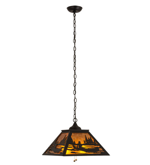 Meyda Lighting Canoe 22" 2-Light Textured Black Tall Pines Pendant Light With Amber Mica Shade Glass