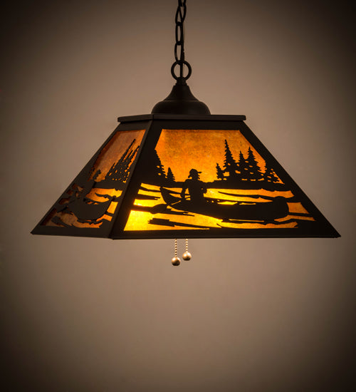 Meyda Lighting Canoe 22" 2-Light Textured Black Tall Pines Pendant Light With Amber Mica Shade Glass