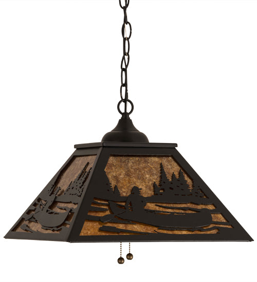 Meyda Lighting Canoe 22" 2-Light Textured Black Tall Pines Pendant Light With Amber Mica Shade Glass