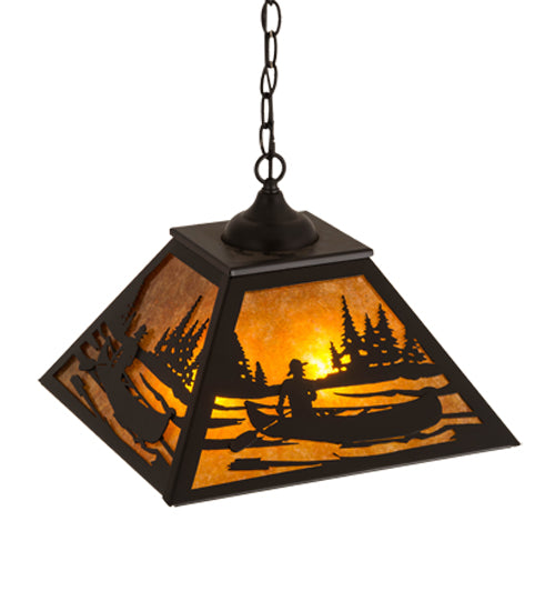 Meyda Lighting Canoe 22" 2-Light Textured Black Tall Pines Pendant Light With Amber Mica Shade Glass