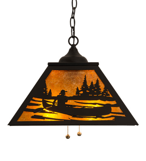 Meyda Lighting Canoe 22" 2-Light Textured Black Tall Pines Pendant Light With Amber Mica Shade Glass