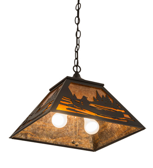 Meyda Lighting Canoe 22" 2-Light Textured Black Tall Pines Pendant Light With Amber Mica Shade Glass