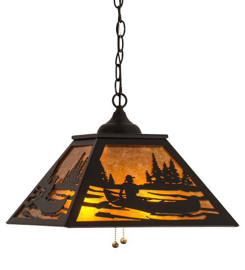 Meyda Lighting Canoe 22" 2-Light Textured Black Tall Pines Pendant Light With Amber Mica Shade Glass