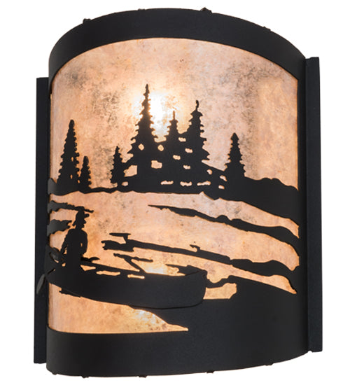 Meyda Lighting Canoe At Lake 10" 2-Light Textured Black Wall Sconce With Silver Mica Shade Glass