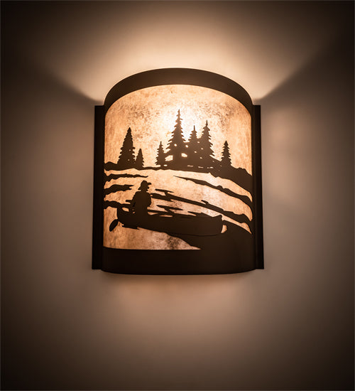 Meyda Lighting Canoe At Lake 10" Oil Rubbed Bronze Left Wall Sconce With Silver Mica Shade Glass