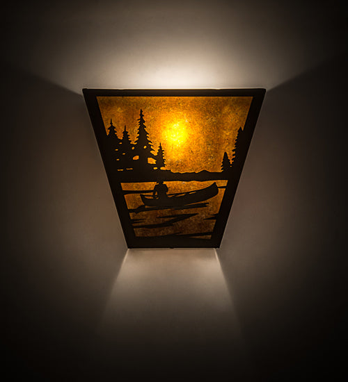 Meyda Lighting Canoe At Lake 13" 2-Light Antique Copper Wall Sconce With Amber Mica Shade Glass