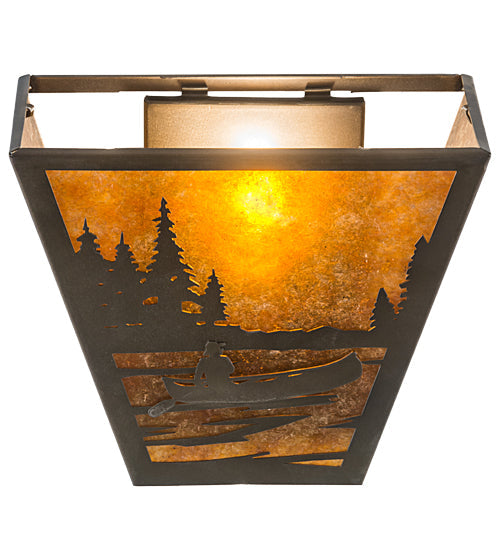 Meyda Lighting Canoe At Lake 13" 2-Light Antique Copper Wall Sconce With Amber Mica Shade Glass