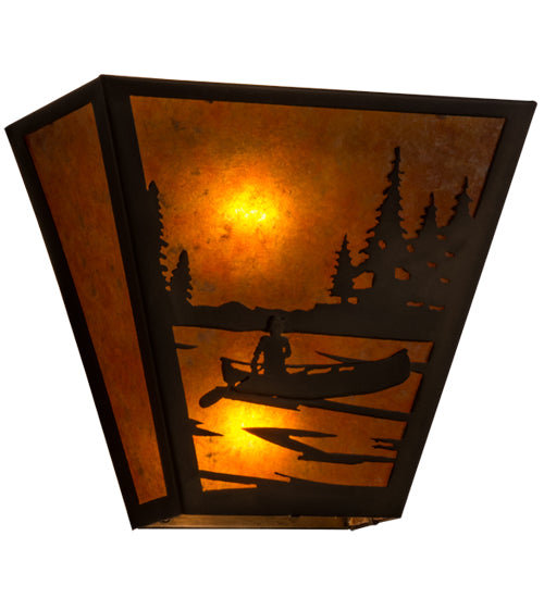 Meyda Lighting Canoe At Lake 13" 2-Light Antique Copper Wall Sconce With Amber Mica Shade Glass