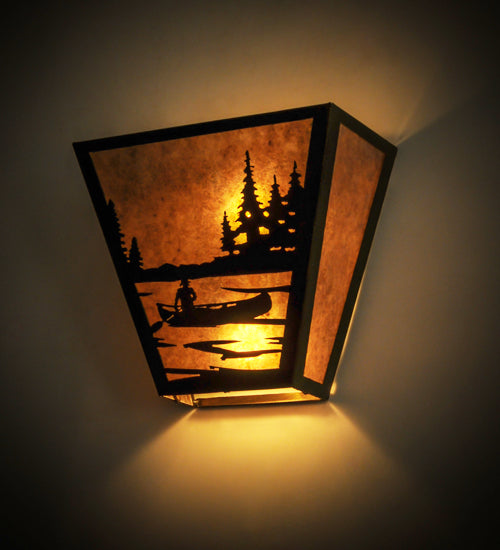 Meyda Lighting Canoe At Lake 13" 2-Light Antique Copper Wall Sconce With Silver Mica Shade Glass