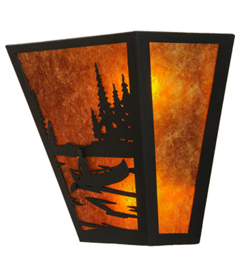 Meyda Lighting Canoe At Lake 13" 2-Light Textured Black Wall Sconce With Amber Mica Shade Glass