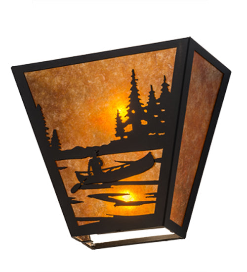 Meyda Lighting Canoe At Lake 13" 2-Light Textured Black Wall Sconce With Amber Mica Shade Glass