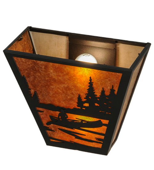 Meyda Lighting Canoe At Lake 13" 2-Light Textured Black Wall Sconce With Amber Mica Shade Glass