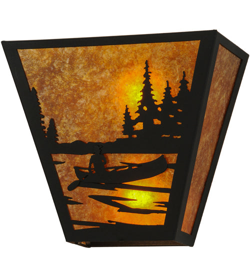 Meyda Lighting Canoe At Lake 13" 2-Light Textured Black Wall Sconce With Amber Mica Shade Glass