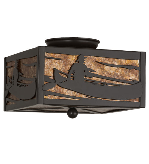 Meyda Lighting Canoe At Lake 15" 2-Light Timeless Bronze Flush Mount Light With Amber Mica Shade Glass