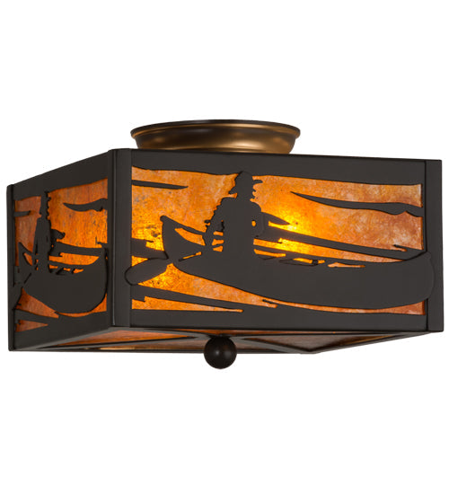 Meyda Lighting Canoe At Lake 15" 2-Light Timeless Bronze Flush Mount Light With Amber Mica Shade Glass