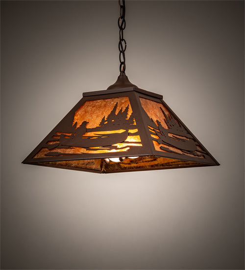 Meyda Lighting Canoe At Lake 16"Sq 2-Light Cafe Noir Pendant Light With Amber Mica Shade Glass