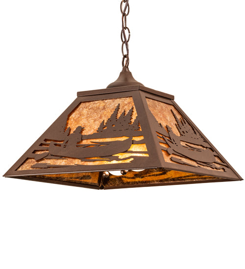 Meyda Lighting Canoe At Lake 16"Sq 2-Light Cafe Noir Pendant Light With Amber Mica Shade Glass