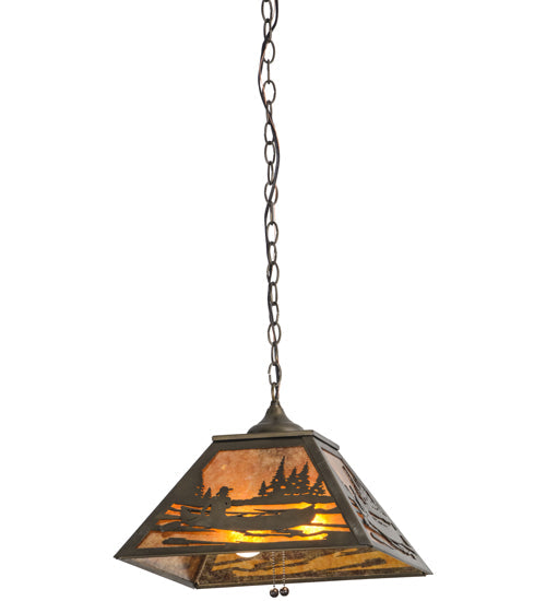 Meyda Lighting Canoe At Lake 22" 2-Light Antique Copper Pendant Light With Amber Mica Shade Glass