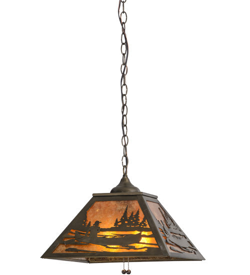 Meyda Lighting Canoe At Lake 22" 2-Light Antique Copper Pendant Light With Amber Mica Shade Glass