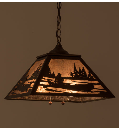 Meyda Lighting Canoe At Lake 22" 2-Light Antique Copper Pendant Light With Silver Mica Shade Glass