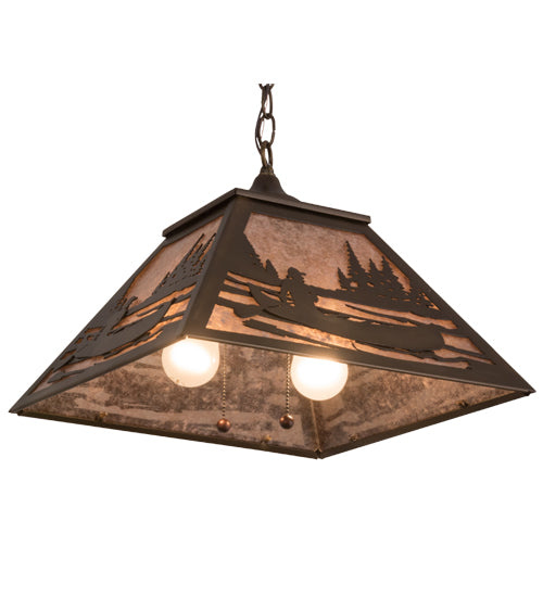 Meyda Lighting Canoe At Lake 22" 2-Light Antique Copper Pendant Light With Silver Mica Shade Glass