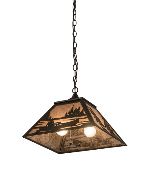 Meyda Lighting Canoe At Lake 22" 2-Light Oil Rubbed Bronze Pendant Light With Silver Mica Shade Glass