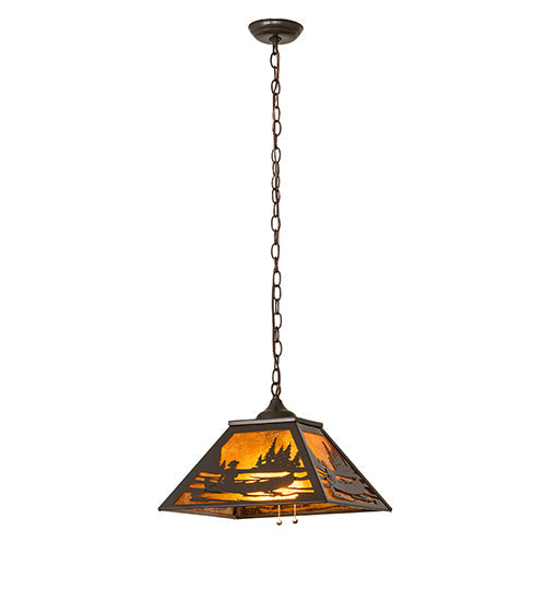 Meyda Lighting Canoe At Lake 23" 2-Light Timeless Bronze Pendant Light With Amber Mica Shade Glass