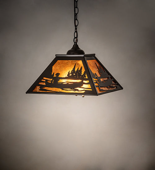 Meyda Lighting Canoe At Lake 23" 2-Light Timeless Bronze Pendant Light With Amber Mica Shade Glass
