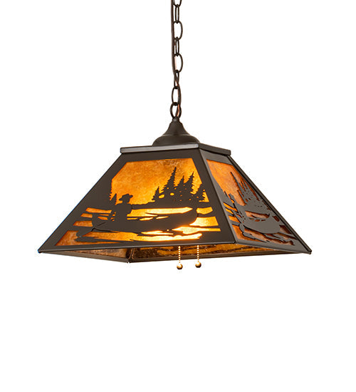 Meyda Lighting Canoe At Lake 23" 2-Light Timeless Bronze Pendant Light With Amber Mica Shade Glass