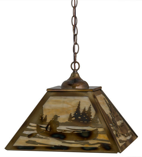 Meyda Lighting Canoe At Lake 23" 3-Light Burnished Brass Tint Pendant Light With Beige Art Shade Glass