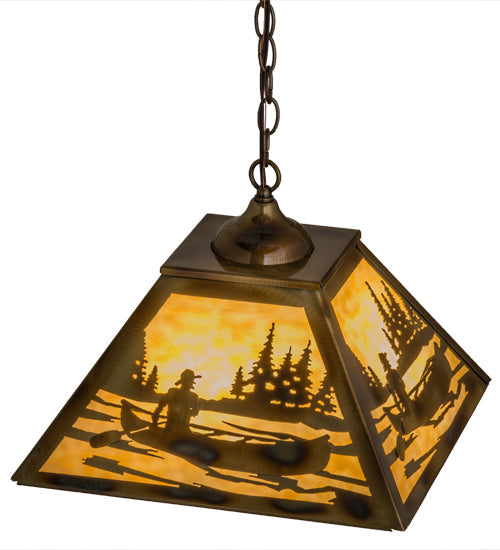 Meyda Lighting Canoe At Lake 23" 3-Light Burnished Brass Tint Pendant Light With Beige Art Shade Glass