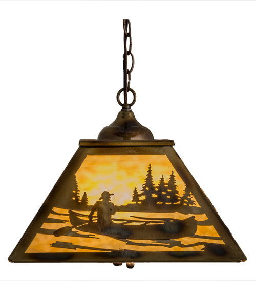Meyda Lighting Canoe At Lake 23" 3-Light Burnished Brass Tint Pendant Light With Beige Art Shade Glass