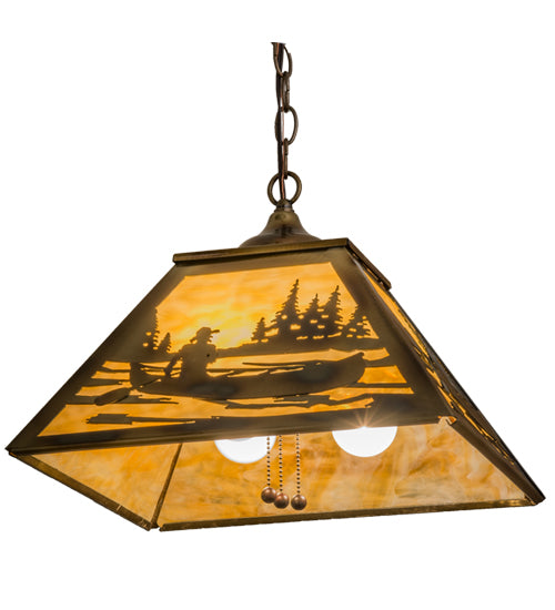 Meyda Lighting Canoe At Lake 23" 3-Light Burnished Brass Tint Pendant Light With Beige Art Shade Glass