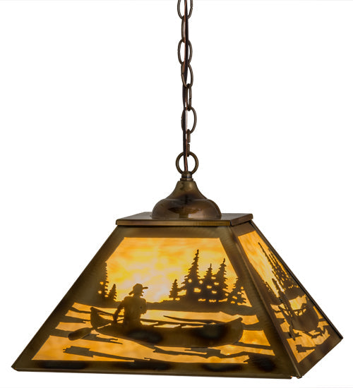 Meyda Lighting Canoe At Lake 23" 3-Light Burnished Brass Tint Pendant Light With Beige Art Shade Glass