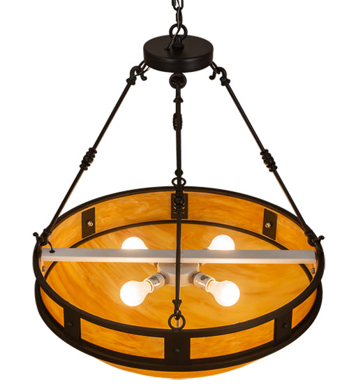Meyda Lighting Capella 28" 4-Light Satin Black Wrought Iron Inverted Pendant Light With Ambra Siena Idalight Shade