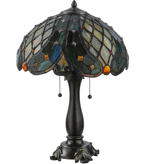 Meyda Lighting Capolavoro 23" 2-Light Mahogany Bronze Table Lamp With Green and Beige Shade Glass