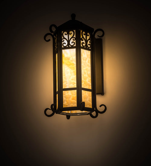 Meyda Lighting Caprice 13" Wrought Iron Lantern Wall Sconce With Beige Art Shade Glass