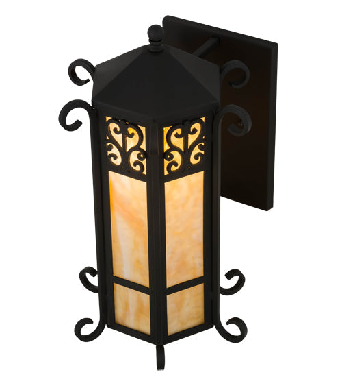Meyda Lighting Caprice 13" Wrought Iron Lantern Wall Sconce With Beige Art Shade Glass
