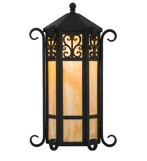 Meyda Lighting Caprice 13" Wrought Iron Lantern Wall Sconce With Beige Art Shade Glass