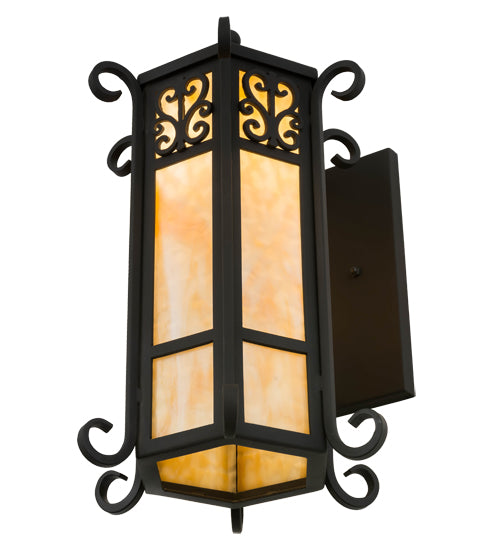 Meyda Lighting Caprice 13" Wrought Iron Lantern Wall Sconce With Beige Art Shade Glass
