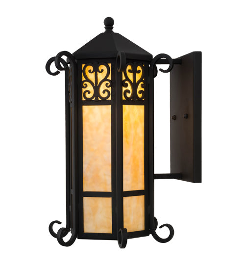 Meyda Lighting Caprice 13" Wrought Iron Lantern Wall Sconce With Beige Art Shade Glass