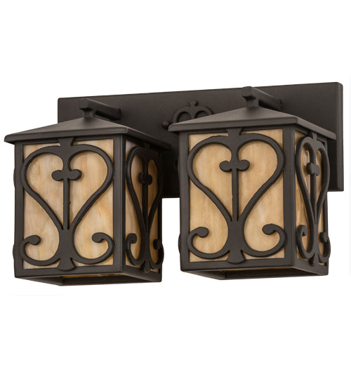 Meyda Lighting Caprice 14" 2-Light Hand Wrought Iron Vanity Light With Beige Shade Glass