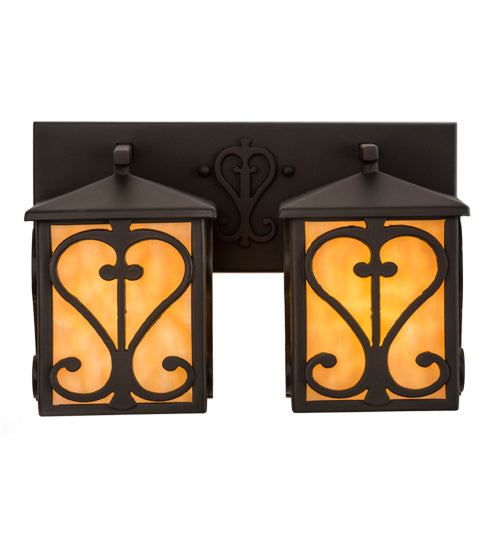 Meyda Lighting Caprice 14" 2-Light Hand Wrought Iron Vanity Light With Beige Shade Glass