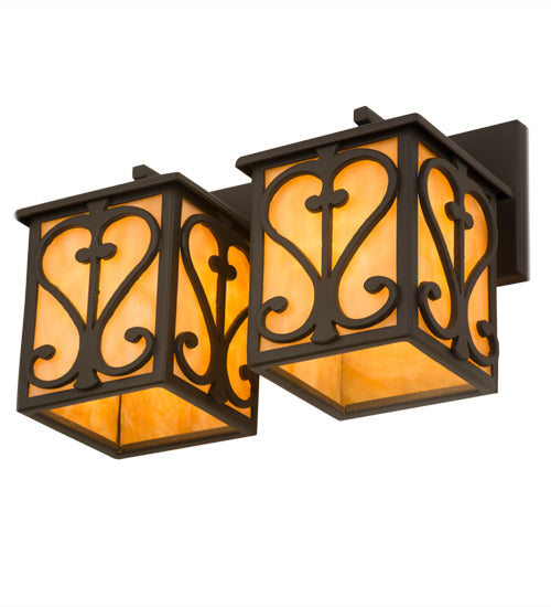 Meyda Lighting Caprice 14" 2-Light Hand Wrought Iron Vanity Light With Beige Shade Glass