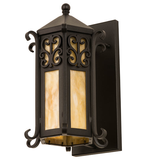 Meyda Lighting Caprice 9" Textured Black Lantern Wall Sconce With Beige Art Shade Glass
