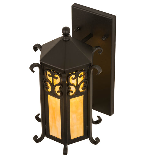 Meyda Lighting Caprice 9" Textured Black Lantern Wall Sconce With Beige Art Shade Glass